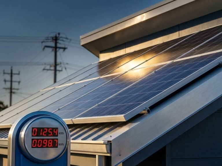 Aurinkopaneelit asennettuna modernin kodin katolle, sähkömittari edustalla näyttää laskevia lukemia