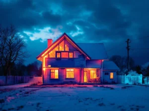 Taloleikkaus näyttää lämpöhäviötä punaisina ja keltaisina lämpövuotoina katosta, seinistä ja ikkunoista sinistä iltataivasta vasten.