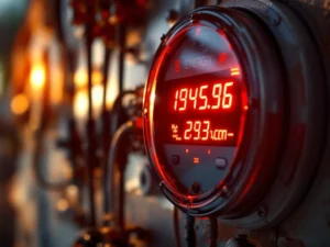 Digitaalinen energiamittari näyttää korkeita kulutusarvoja punaisilla numeroilla, sähkökaapelit taustalla