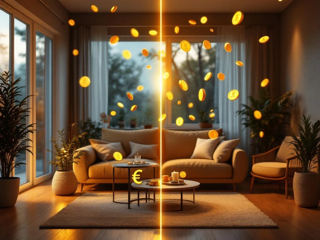 Energiatehokas koti lämpimällä sisustuksella ja kelluvia kultakolikoita, jotka edustavat säästöjä