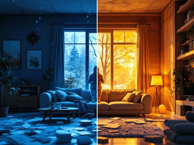 Ennen ja jälkeen -vertailu kylmästä kodista lämpimään: vasemmalla henkilö talvivaatteissa sisällä, oikealla eristetty huone.