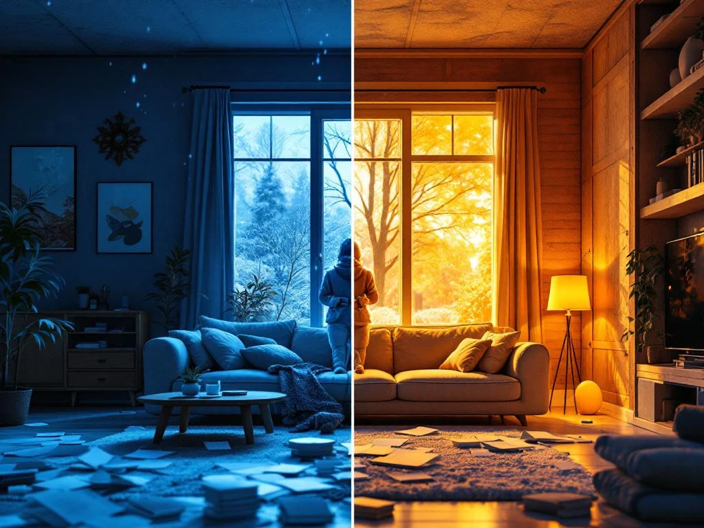 Ennen ja jälkeen -vertailu kylmästä kodista lämpimään: vasemmalla henkilö talvivaatteissa sisällä, oikealla eristetty huone.