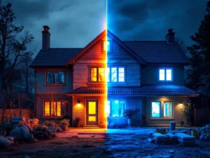 Energiatehokkuuden vertailu: vanha huonosti eristetty talo lämpövuotoineen vasemmalla, renovoitu energiatehokas talo oikealla