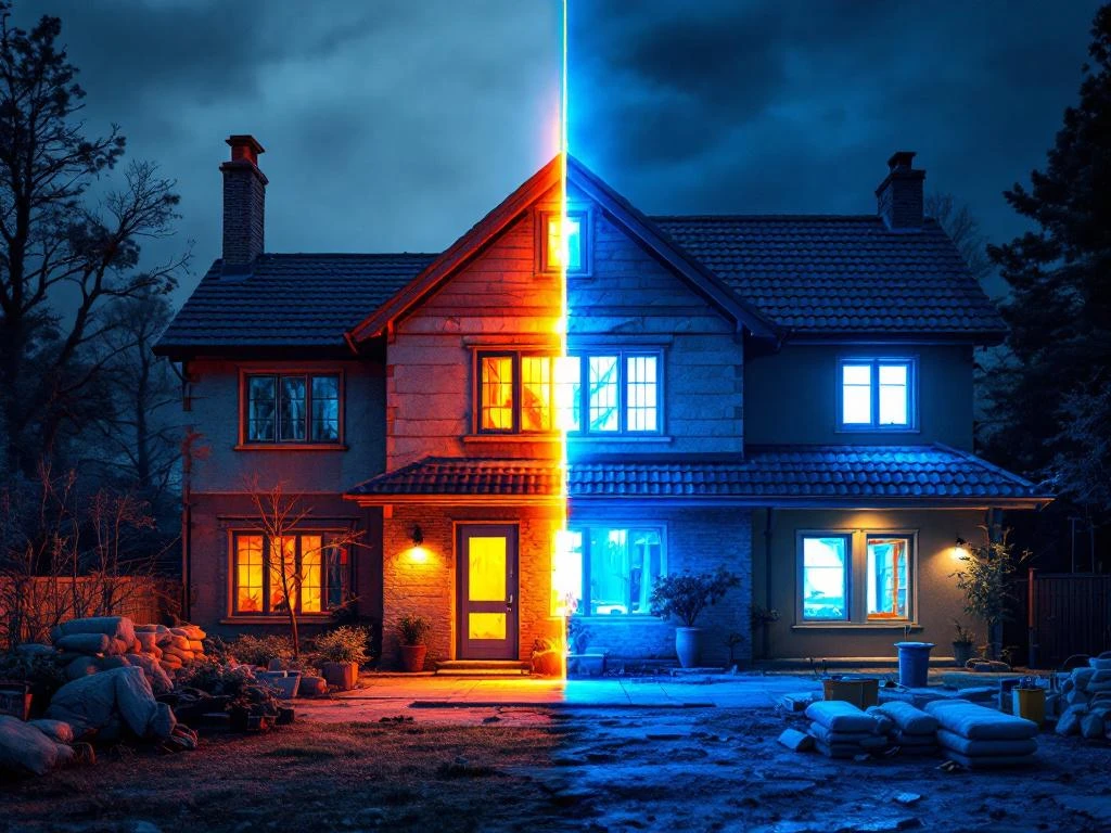 Energiatehokkuuden vertailu: vanha huonosti eristetty talo lämpövuotoineen vasemmalla, renovoitu energiatehokas talo oikealla