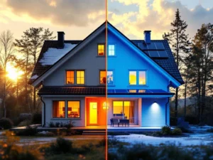 Suomalainen talo ennen ja jälkeen energiaremontin: vasemmalla lämpövuodot, oikealla aurinkopaneelit ja tehokas eristys