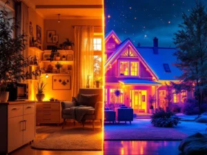 Suomalainen koti jaettuna: vasemmalla energiaa tuhlaavat laitteet ja valot, oikealla lämpökamera paljastaa eristysvirheet