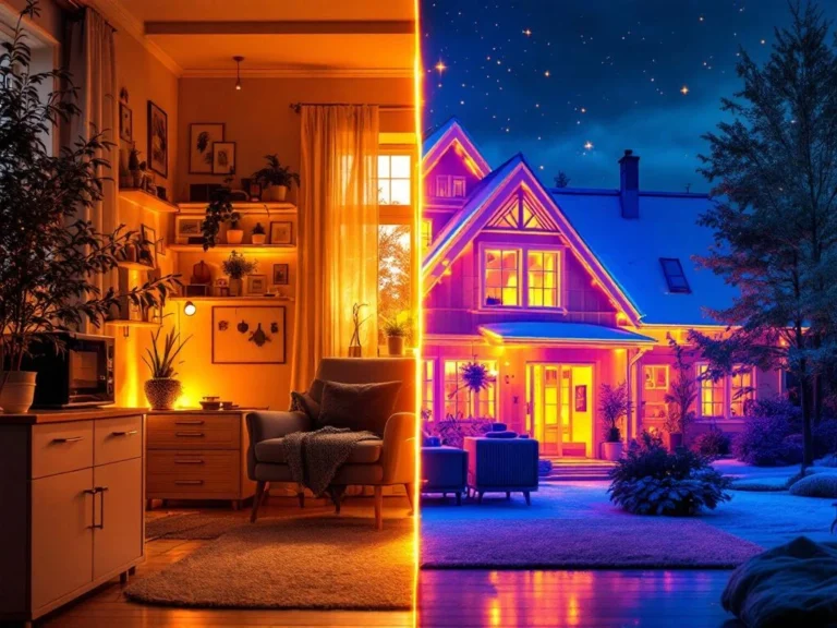 Suomalainen koti jaettuna: vasemmalla energiaa tuhlaavat laitteet ja valot, oikealla lämpökamera paljastaa eristysvirheet