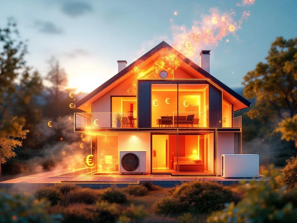 Energiatehokas koti lämpökamerassa: aurinkopaneelit, eristeet ja lämpöpumppu, lämpöhukka punaisena, eurot höyrynä