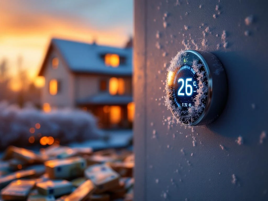 Digitaalinen termostaatti näyttää korkeita lämpötiloja huonosti eristetyssä talossa, eurosetelit palavat energiatehottomuuden symbolina