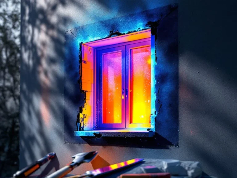 Lämpökamera paljastaa energiahäviötä talon seinässä: punaisia kuumia alueita, ikkunoiden kosteusvaurioita ja kattoreunassa aukkoja