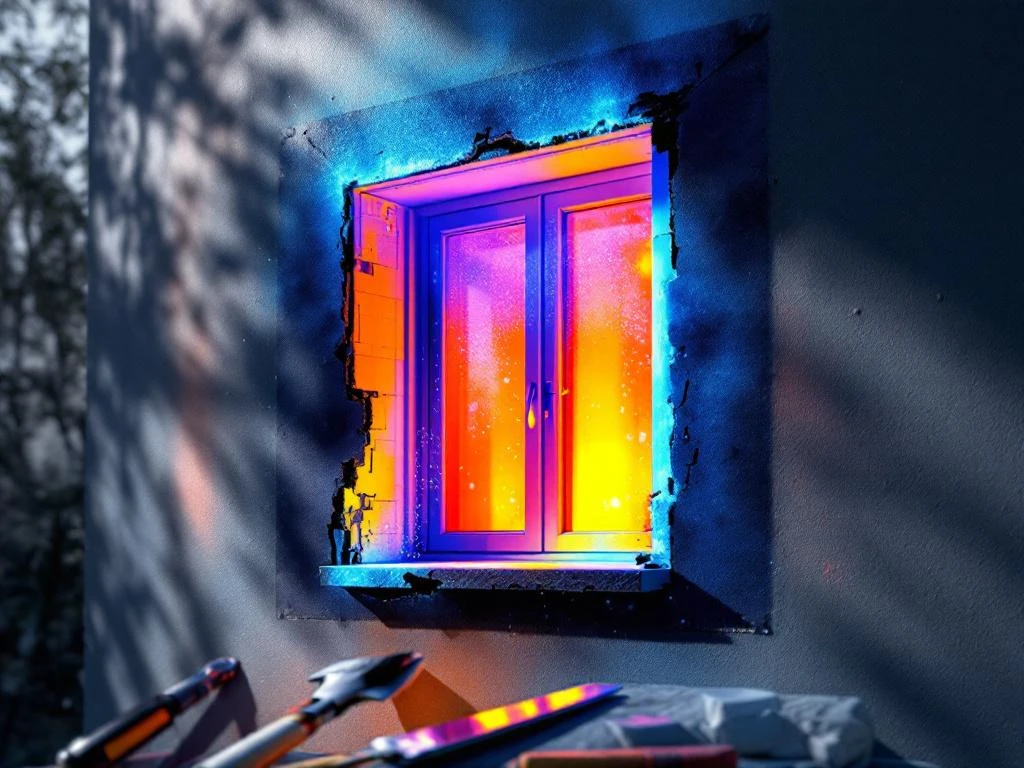 Lämpökamera paljastaa energiahäviötä talon seinässä: punaisia kuumia alueita, ikkunoiden kosteusvaurioita ja kattoreunassa aukkoja