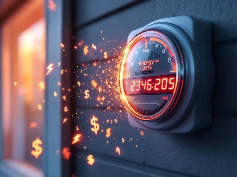 Sähkömittari pyörivillä numeroilla seinässä, lämpövuotoja ikkunoiden ympärillä oranssina, energiakustannussymboleja ilmassa