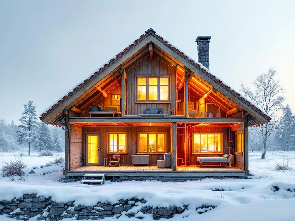 Poikkileikkausnäkymä vanhasta suomalaisesta puutalosta, jossa näkyy lämpöhäviöt oransseina aaltoina ja kylmä ilma sinisenä