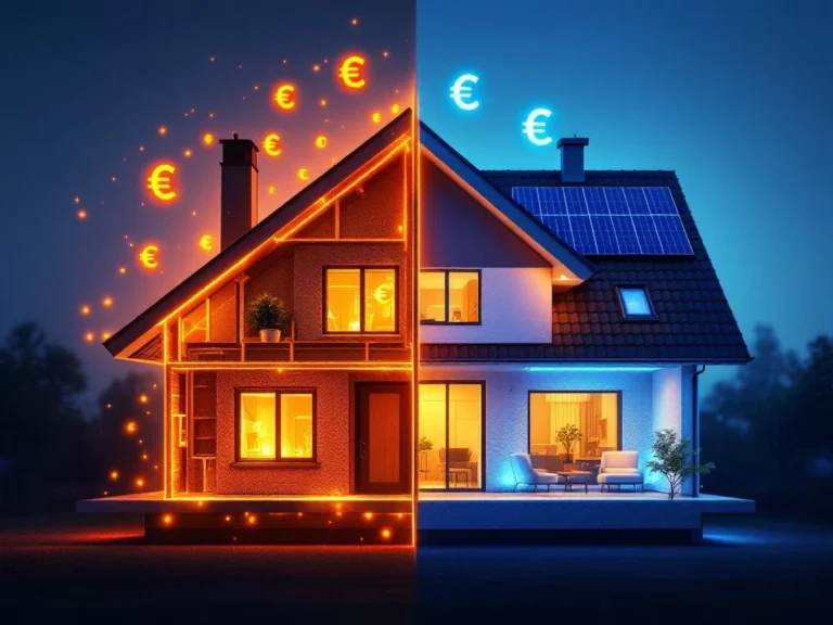 Energiatehokas talo sinisellä lämpökuvalla ja aurinkopaneeleilla vastaan tehoton talo punaisella lämpövuodolla