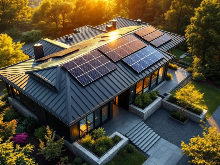 Moderni koti tumman metallisen katon ja aurinkopaneelien kanssa vihreässä maisemassa, energiatehokas rakenne