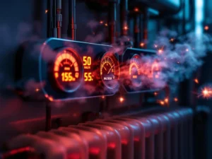 Ylikuumentunut lämmitysjärjestelmä punaisilla varoitusvaloilla, höyryävillä pattereilla ja energiamittareilla näyttäen maksimaalista kulutusta