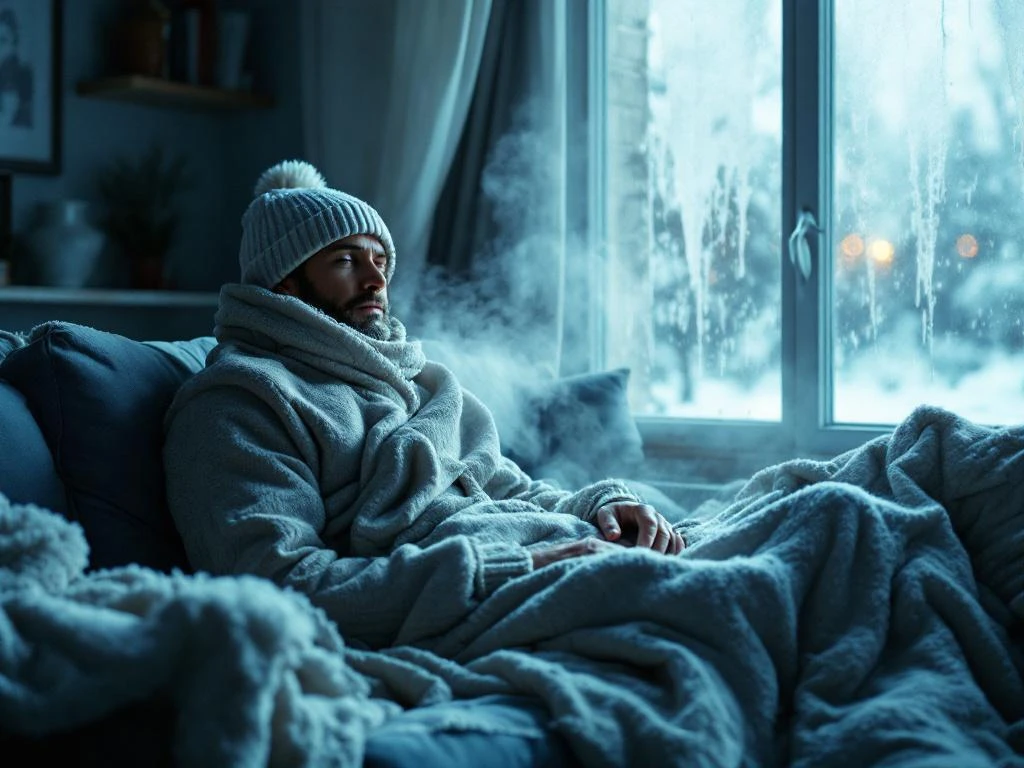 Henkilö istuu villakodin sohvalla talvitakissa ja peitoissa, hengitys näkyy kylmässä ilmassa, ikkunoissa huurre