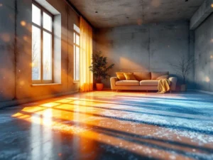 Moderni olohuone kylmillä betonilattioilla, huurretta ja kondensaatiopisaroita, eristysongelmia ikkunoiden ympärillä