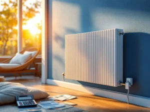 Moderni valkoinen patterilämmitys ikkunan alla, energialaskut ja laskin näyttävät säästöjä, lämmin auringonvalo