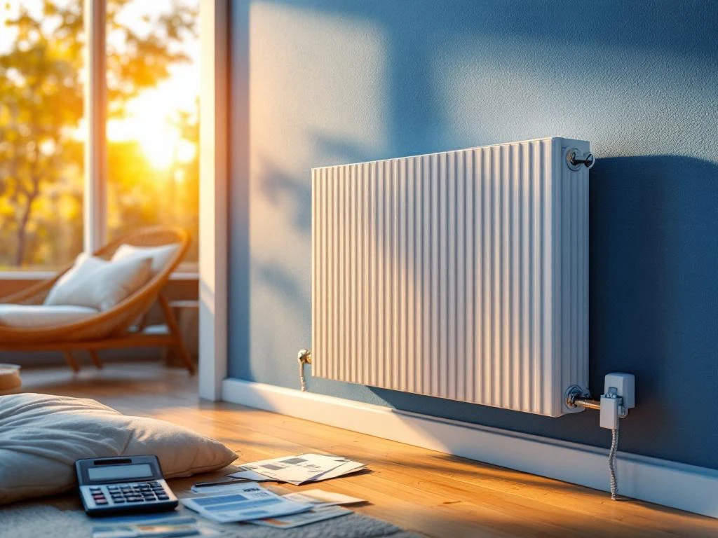 Moderni valkoinen patterilämmitys ikkunan alla, energialaskut ja laskin näyttävät säästöjä, lämmin auringonvalo