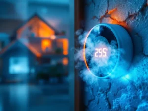 Termostaatti näyttää matalaa lämpötilaa, seinän poikkileikkaus paljastaa puutteellisen eristeen ja kylmän sisäilman