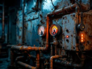 Vanha ruostunut lämmitysjärjestelmän kattila kellaritiloissa, näkyvissä höyryvuotoja ja varoitusmerkkejä