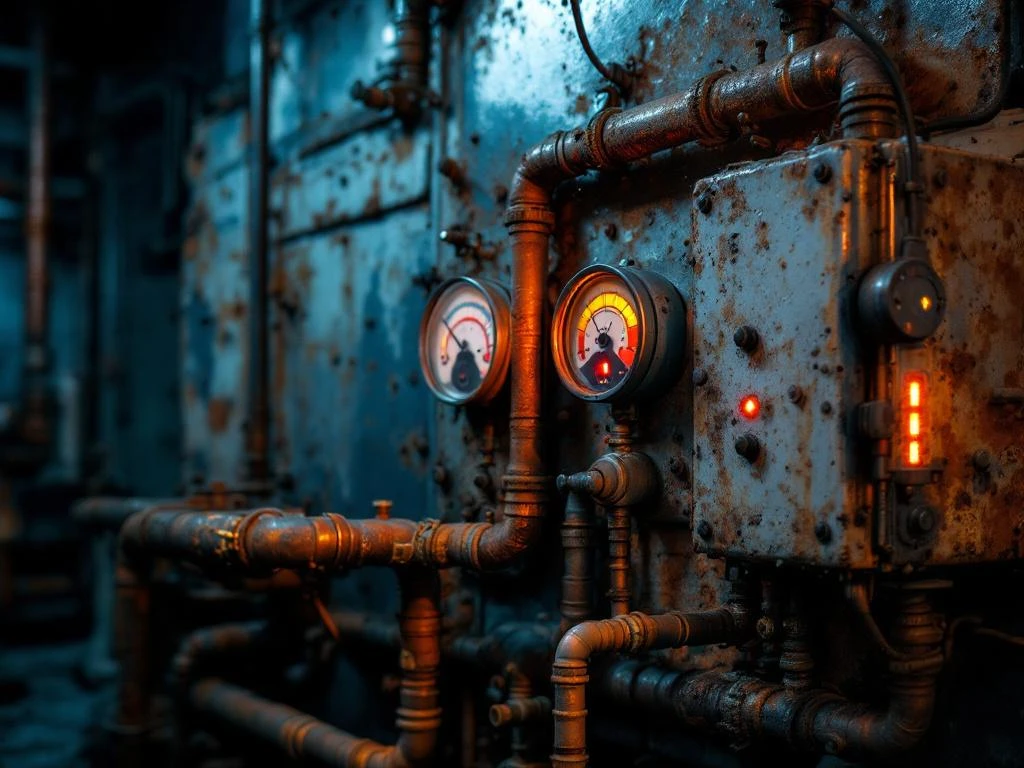 Vanha ruostunut lämmitysjärjestelmän kattila kellaritiloissa, näkyvissä höyryvuotoja ja varoitusmerkkejä