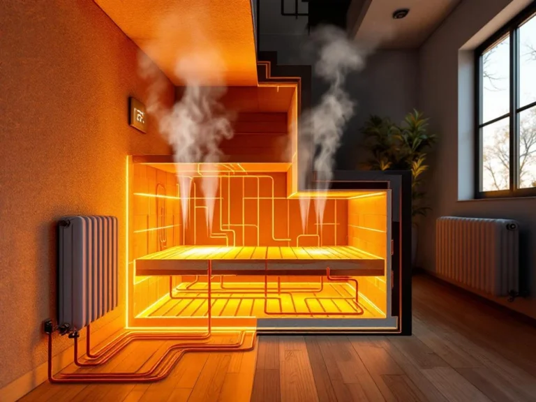 Modernin kodin poikkileikkaus näyttää tehokkaat lämmitysjärjestelmät: lattialämmitys, eristeet ja termostaatti