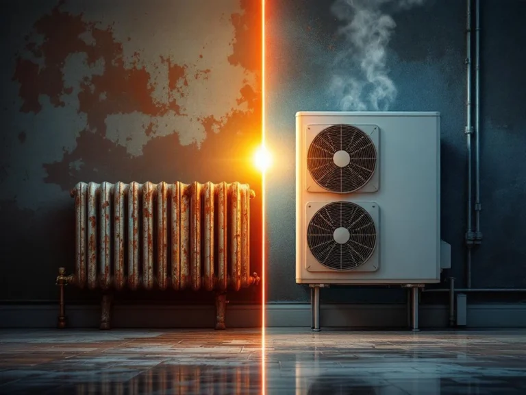 Vanha ruosteinen patterielementti vasemmalla ja moderni lämpöpumppu oikealla, havainnollistaa lämmitysteknologian kehitystä.