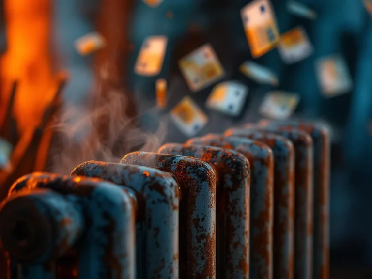 Vanha ruosteinen patterielementti höyryineen, taustalla euroseteleitä symboloimassa nousevia lämmityskustannuksia