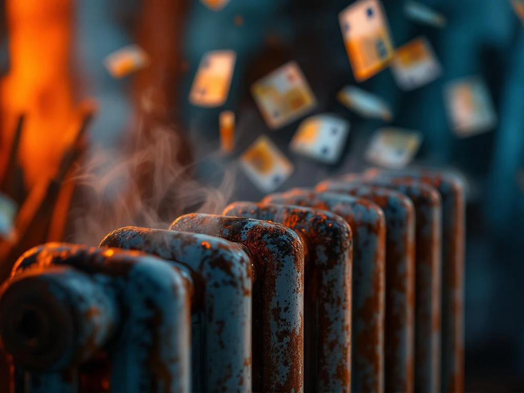 Vanha ruosteinen patterielementti höyryineen, taustalla euroseteleitä symboloimassa nousevia lämmityskustannuksia