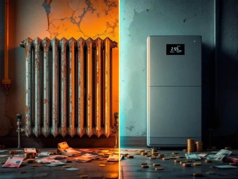 Vanha ruosteinen patterielementti eurokolikoiden keskellä vasemmalla, moderni lämpöpumppu alhaisemmilla kustannuksilla oikealla