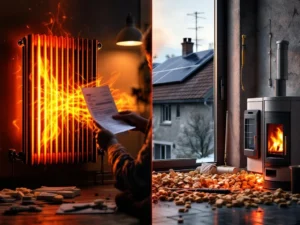 Kallis sähkölämmitys vasemmalla ja kustannustehokkaat vaihtoehdot: lämpöpumppu, aurinkopaneelit ja pellettikamin oikealla