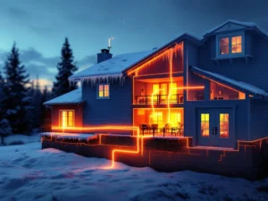 Talon poikkileikkaus, jossa lämpöhukka näkyy oranssina ja punaisena valona vuotamassa katon, ikkunoiden ja ovien kautta talvisessa ympäristössä.