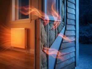 Talon seinän poikkileikkaus näyttää lämmön karkaamisen huonon eristeen läpi, sisällä lämmin patterielementti