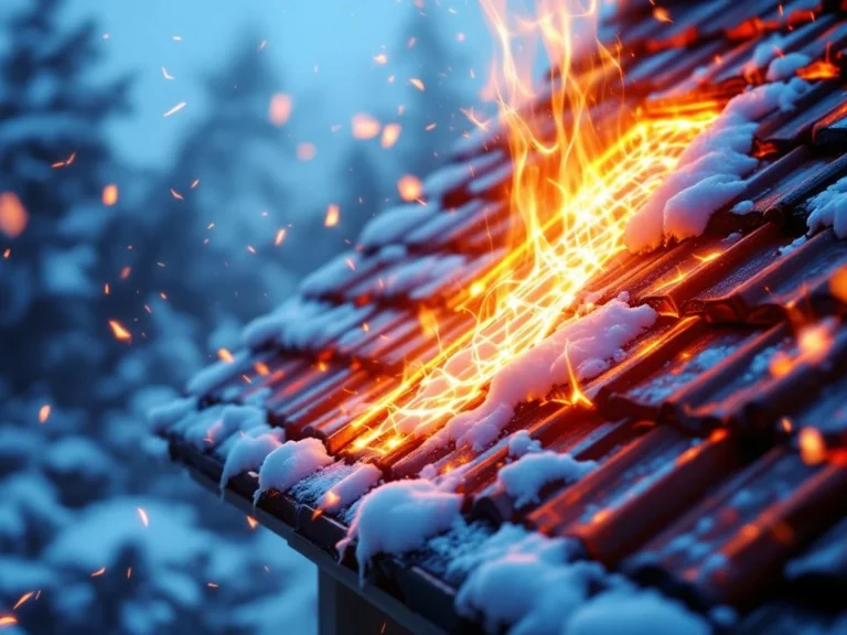 Katon kulmasta karkaa lämpöä kultaisina höyryinä lumisateessa, edustalla eristysmateriaaleja ja tiivistystyökaluja