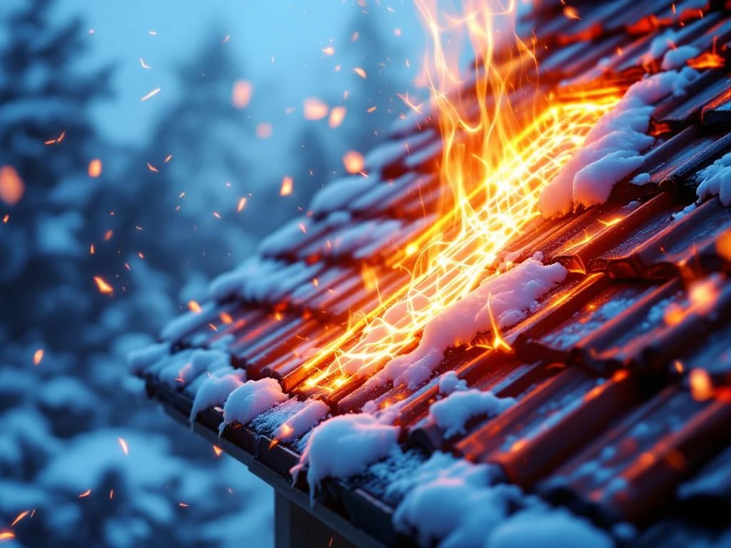 Katon kulmasta karkaa lämpöä kultaisina höyryinä lumisateessa, edustalla eristysmateriaaleja ja tiivistystyökaluja