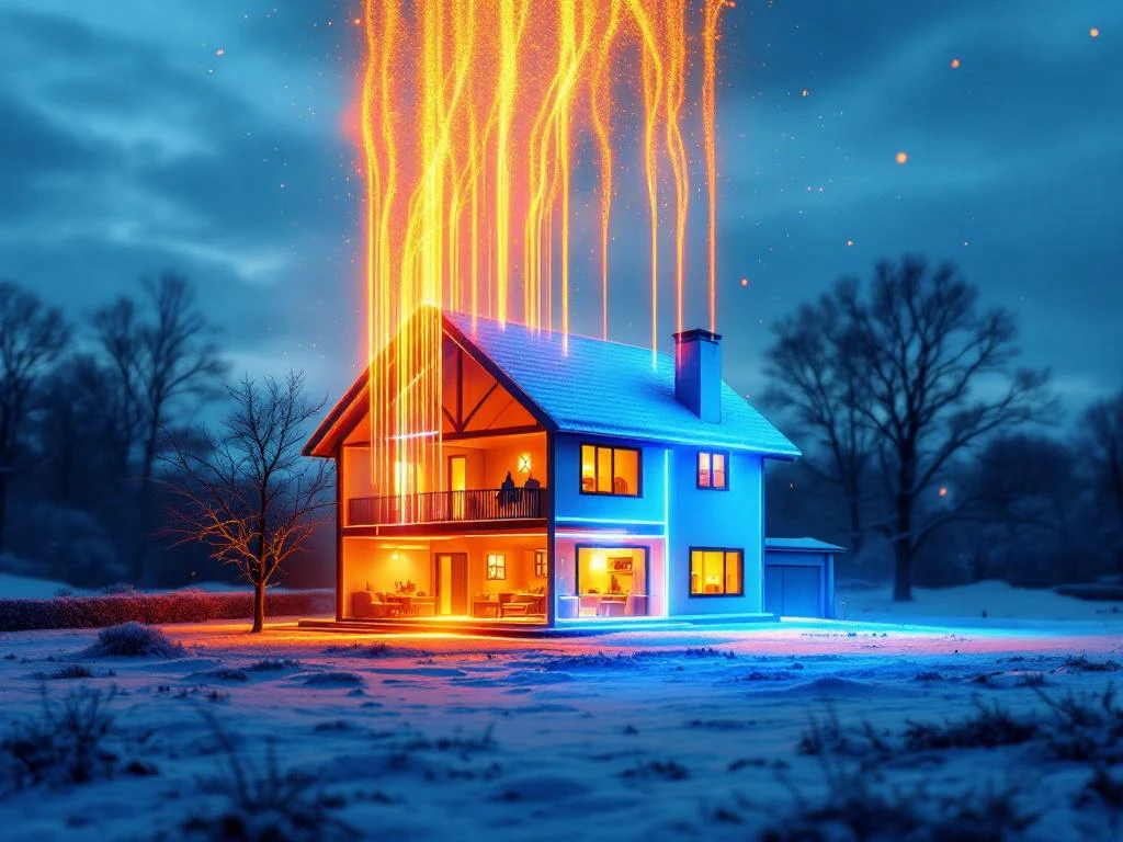 Poikkileikkauskuva talosta, jossa lämpö virtaa oransseina energiavirtauksina katon, seinien ja ikkunoiden läpi talvimaisemassa