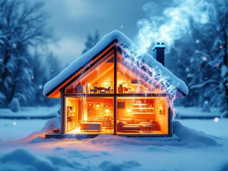 Talon poikkileikkaus talvella näyttää lämmönhukan: lämmin valo sisällä, höyryä karkaa katosta ja seinistä lumisateessa