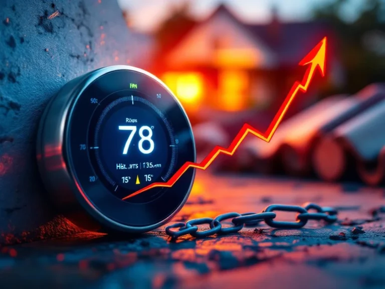 Moderni termostaatti näyttää nousevia lämpötilalukemia punaisella nuolella, taustalla kattotiiliä ja eristemateriaaleja