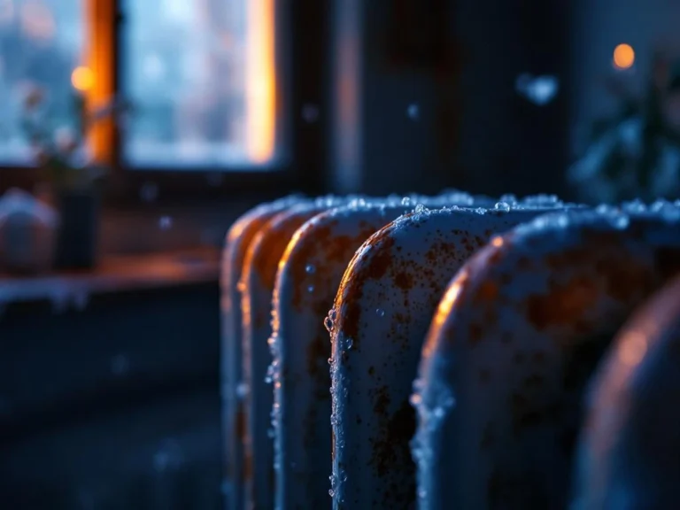 Ruostunut lämmitin vuotaa vettä asunnon hämärässä huoneessa, termostaatin näyttö välkkyy vikaantuneena