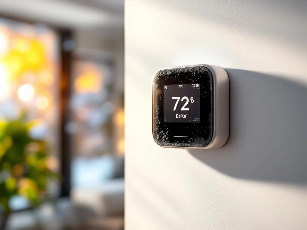 Rikkinäinen digitaalinen termostaatti seinällä, näytössä virhesymboli, taustalla säävaihtelua ikkunasta