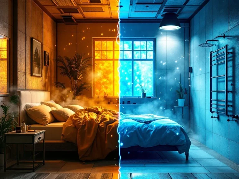 Lämpötilaerot sisätilassa: lämmin makuuhuone kultaisella valaistuksella ja viileä kylpyhuone sinisellä valolla, HVAC-kanavat näkyvissä