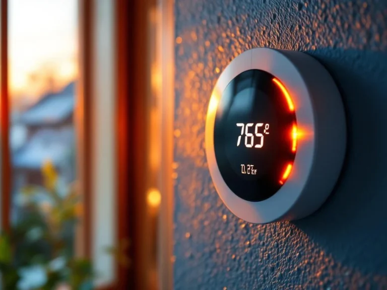 Sähköinen termostaatti näyttää laskevia lämpötiloja, taustalla eristysmateriaaleja ja energiatehokkuutta korostavia elementtejä