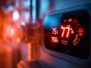 Lämmitysjärjestelmän termostaatti näyttää maksimilämpötilaa punaisella näytöllä, taustalla lämpöputkia ja höyryä