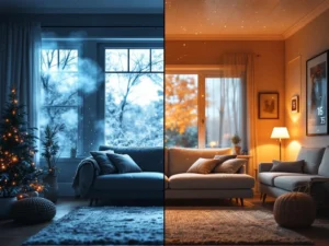 Lämpötilan vaihtelu kotona: kylmä huone huonolla eristyksellä vasemmalla, lämmin hyvin eristetty oikealla