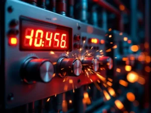 Sähkölämmitysjärjestelmän ohjauspaneeli punaisilla varoitusvalolla ja suurta energiankulutusta näyttävällä digitaalinäytöllä