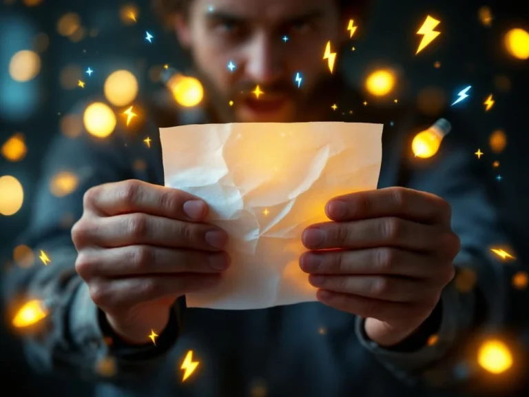 Henkilön kädet pitävät rypistynyttä sähkölaskua, ympärillä hohtavia salamoita ja LED-lamppuja taustalla