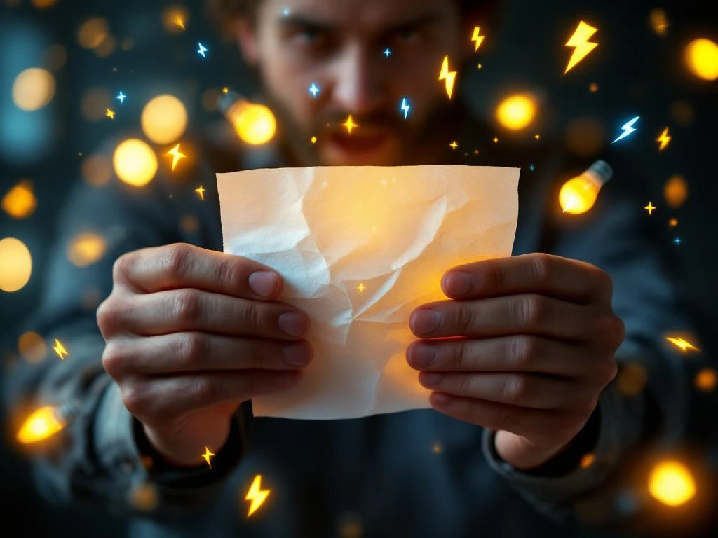 Henkilön kädet pitävät rypistynyttä sähkölaskua, ympärillä hohtavia salamoita ja LED-lamppuja taustalla