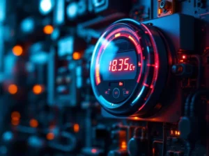 Digitaalinen sähkömittari punaisilla, nopeasti kasvavilla numeroilla, taustalla kodinkoneet ja sähköjohdot